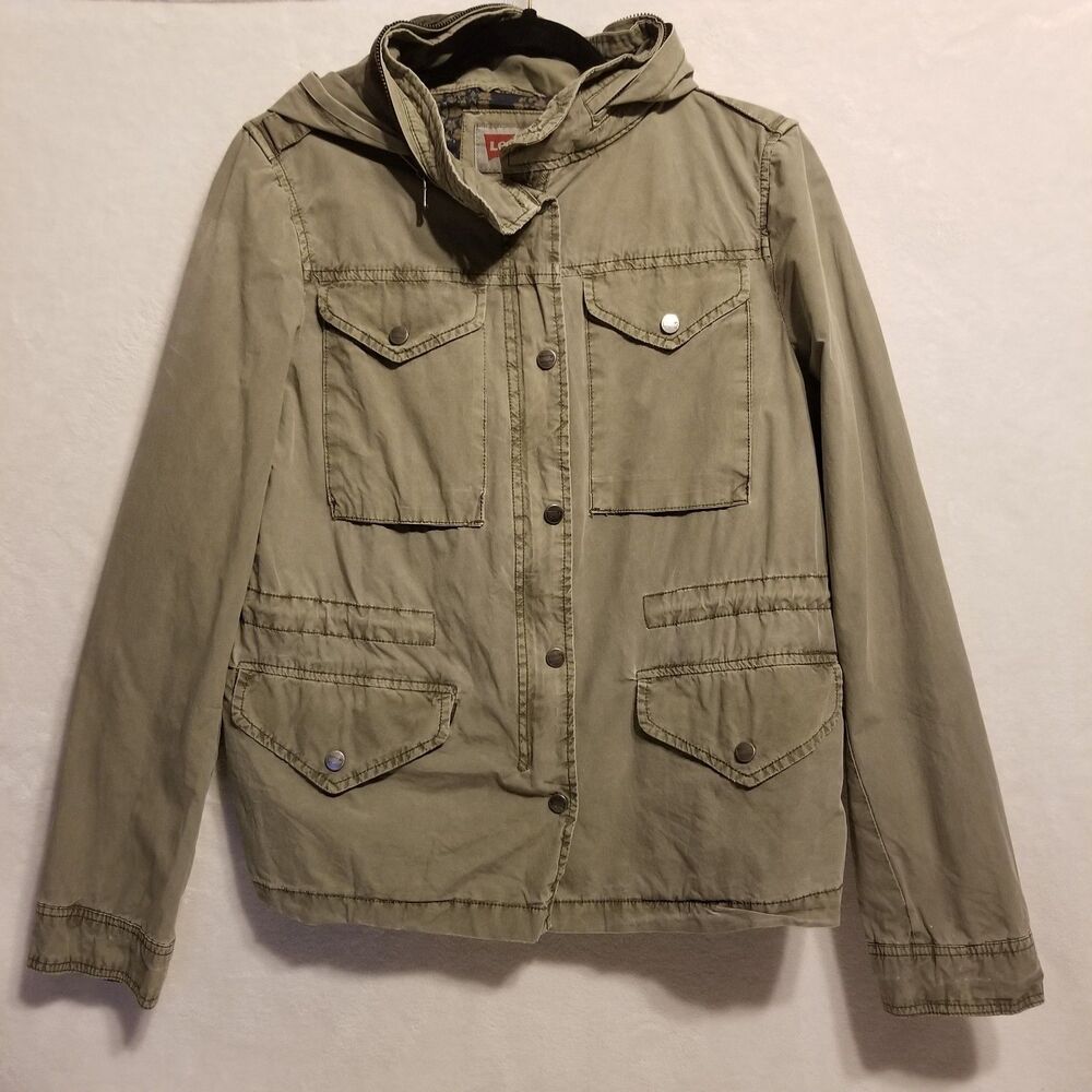 Levis Med Jacket Olive Army Green Roll Away Hood Cargo Pockets Utility Safari